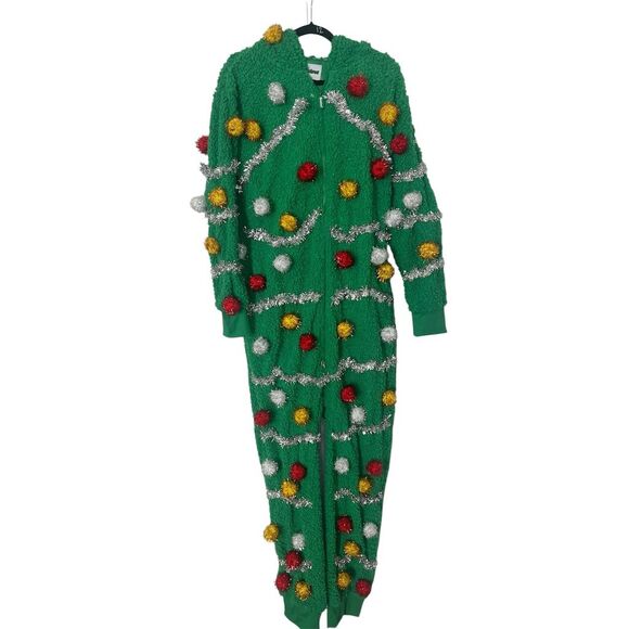 Tipsy Elves Christmas Tree Jumpsuit Unisex L Green Holiday One Piece Festive - Picture 2 of 6